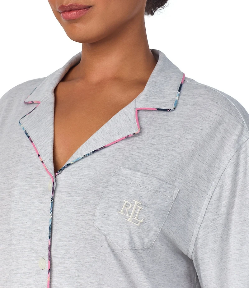Lauren Ralph Lauren Plus Size Long Sleeve Notch Collar Long Pant Jersey Knit Pajama Set