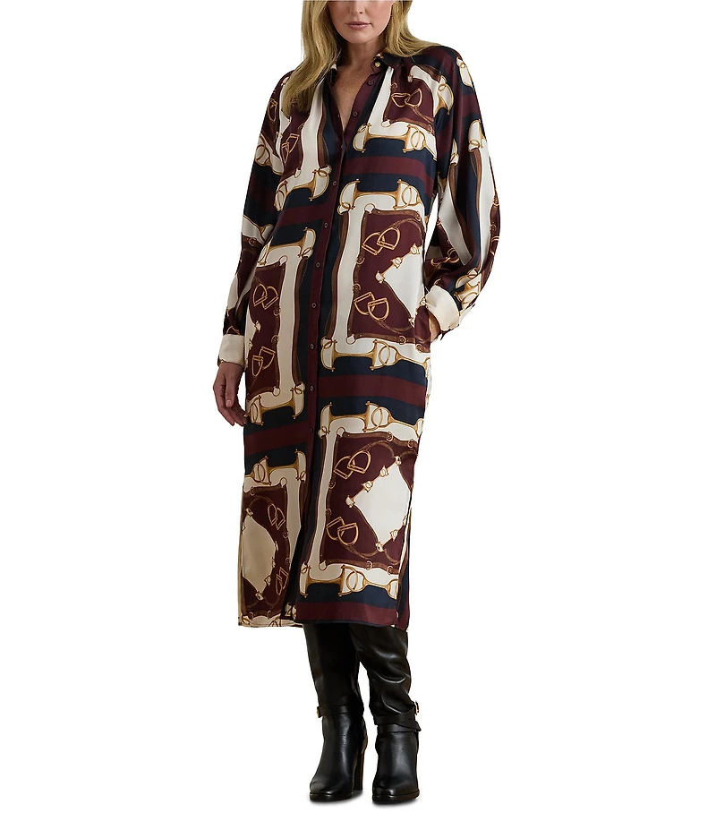 Lauren Ralph Lauren Plus Size Luxe Twill Equestrian-Inspired Print Point Collar Long Sleeve Button Front Midi Shirtdress