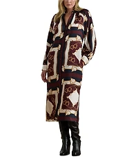 Lauren Ralph Lauren Plus Size Luxe Twill Equestrian-Inspired Print Point Collar Long Sleeve Button Front Midi Shirtdress