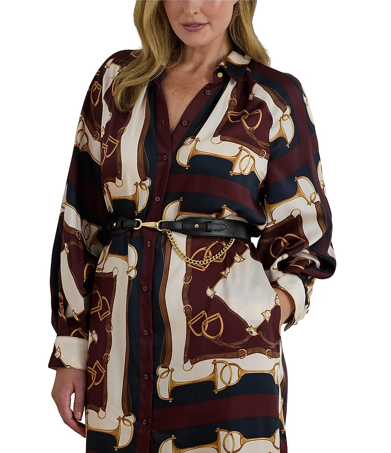 Lauren Ralph Lauren Plus Size Luxe Twill Equestrian-Inspired Print Point Collar Long Sleeve Button Front Midi Shirtdress