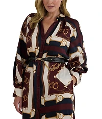 Lauren Ralph Lauren Plus Size Luxe Twill Equestrian-Inspired Print Point Collar Long Sleeve Button Front Midi Shirtdress