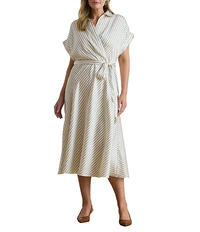 Lauren Ralph Lauren Plus Size Luxe Twill Stripe Surplice Spread Collar Short Rolled Sleeve Belted Dress