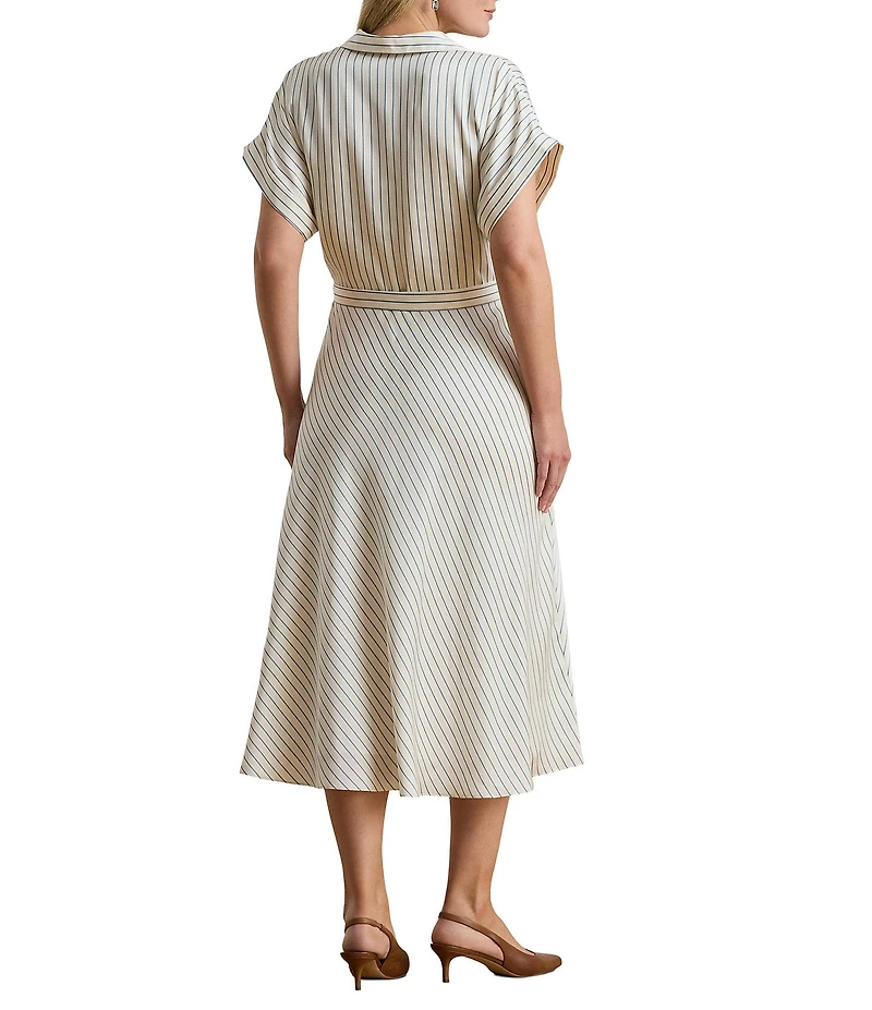 Lauren Ralph Lauren Plus Size Luxe Twill Stripe Surplice Spread Collar Short Rolled Sleeve Belted Dress