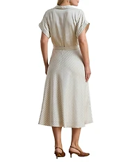 Lauren Ralph Lauren Plus Size Luxe Twill Stripe Surplice Spread Collar Short Rolled Sleeve Belted Dress