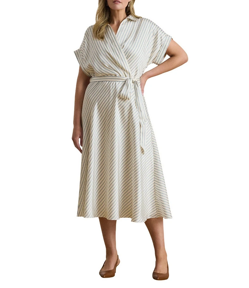 Lauren Ralph Lauren Plus Size Luxe Twill Stripe Surplice Spread Collar Short Rolled Sleeve Belted Dress