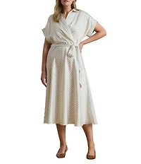 Lauren Ralph Lauren Plus Size Luxe Twill Stripe Surplice Spread Collar Short Rolled Sleeve Belted Dress