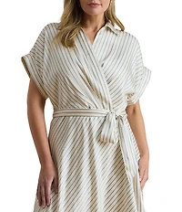 Lauren Ralph Lauren Plus Size Luxe Twill Stripe Surplice Spread Collar Short Rolled Sleeve Belted Dress