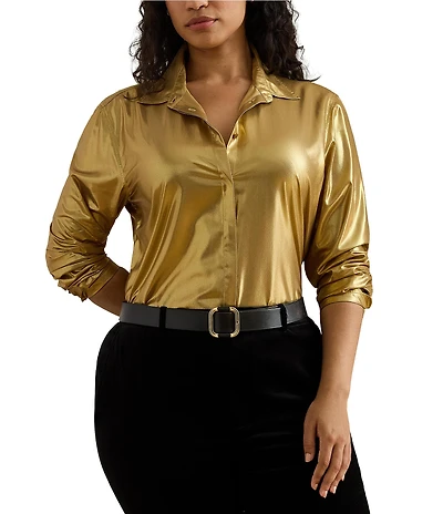 Lauren Ralph Lauren Plus Size Metallic Chiffon Point Collar Long Sleeve Button-Front Shirt
