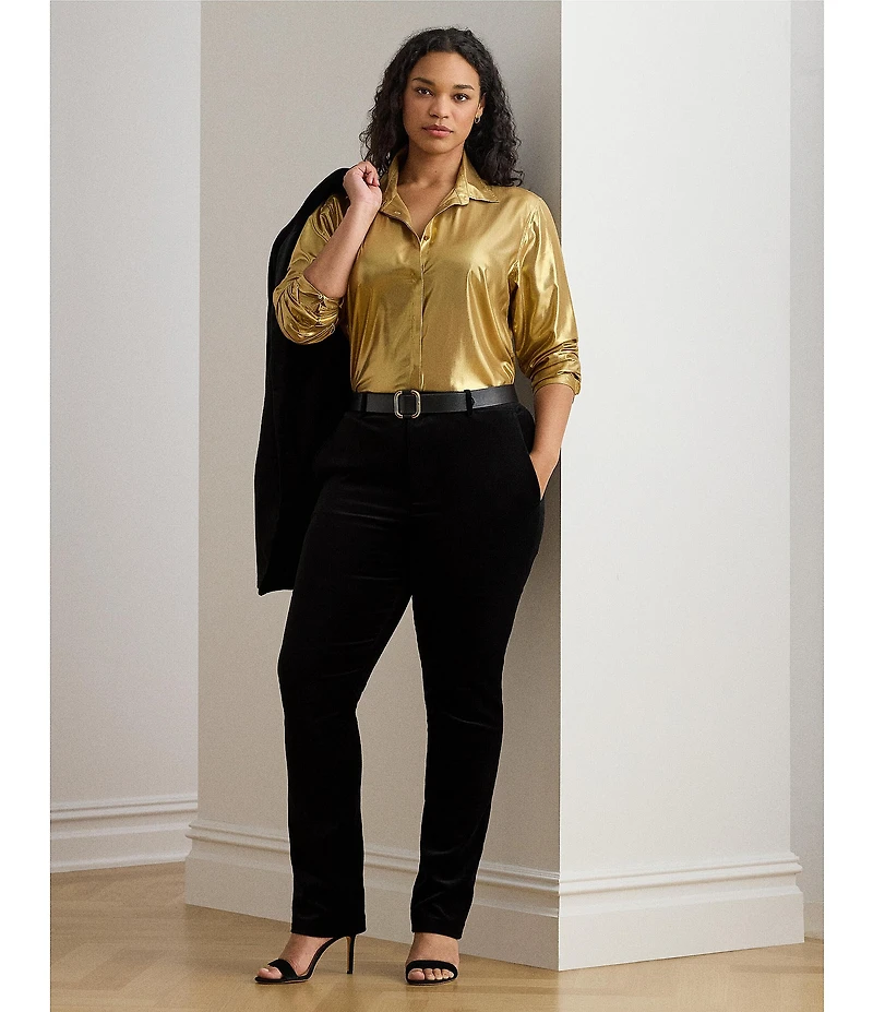 Lauren Ralph Lauren Plus Size Metallic Chiffon Point Collar Long Sleeve Button-Front Shirt