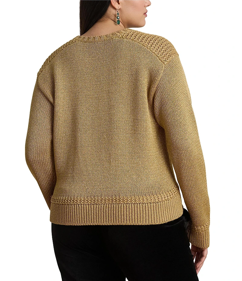 Lauren Ralph Lauren Plus Size Metallic Cotton Blend Crew Neck Long Sleeve Sweater