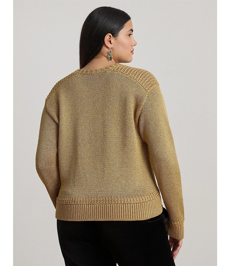 Lauren Ralph Lauren Plus Size Metallic Cotton Blend Crew Neck Long Sleeve Sweater