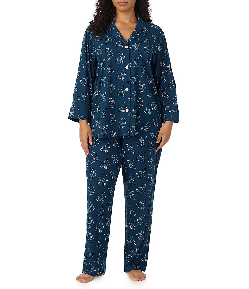 Lauren Ralph Lauren Plus Size Navy Floral Print 3/4 Sleeve Notch Collar Pant Pajama Set