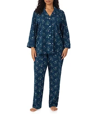 Lauren Ralph Lauren Plus Size Navy Floral Print 3/4 Sleeve Notch Collar Pant Pajama Set
