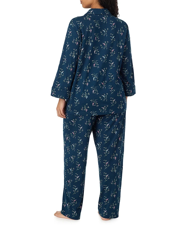 Lauren Ralph Lauren Plus Size Navy Floral Print 3/4 Sleeve Notch Collar Pant Pajama Set