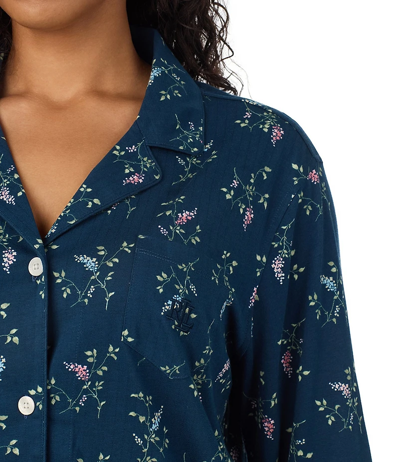 Lauren Ralph Lauren Plus Size Navy Floral Print 3/4 Sleeve Notch Collar Pant Pajama Set