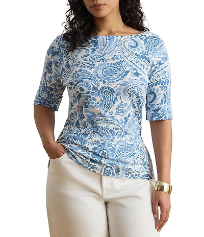 Lauren Ralph Lauren Plus Size Paisley Boat Neck Elbow Cuff Sleeve Tee