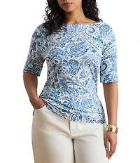 Lauren Ralph Lauren Plus Size Paisley Boat Neck Elbow Cuff Sleeve Tee