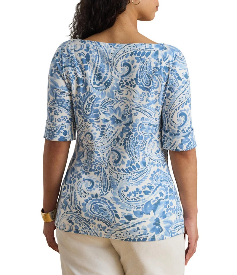 Lauren Ralph Lauren Plus Size Paisley Boat Neck Elbow Cuff Sleeve Tee