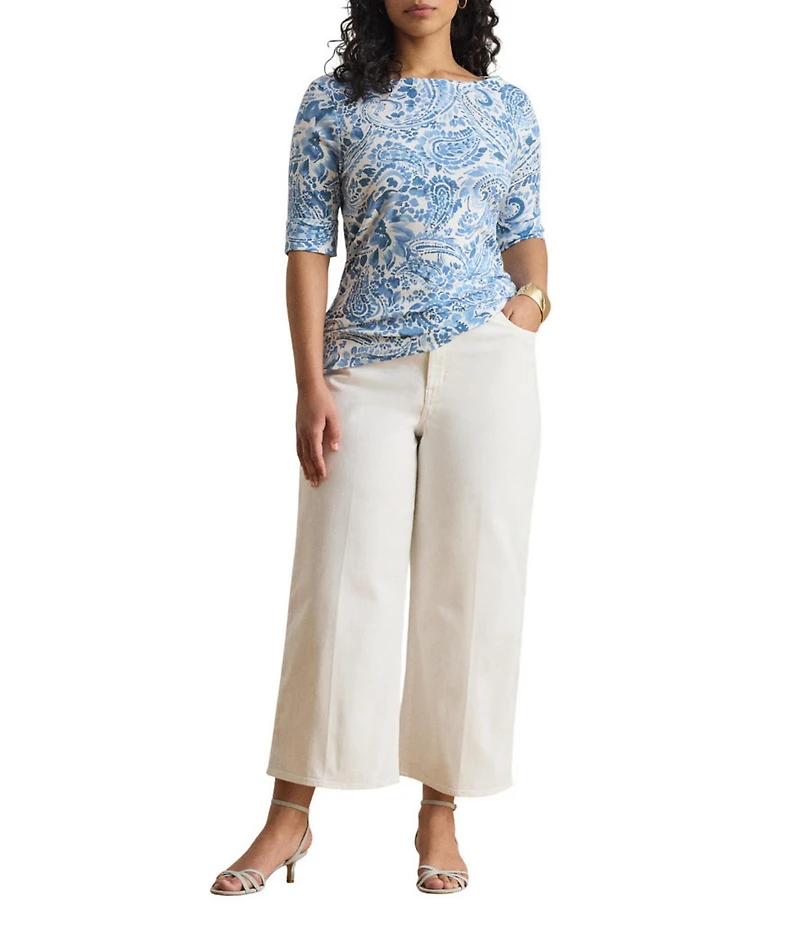 Lauren Ralph Lauren Plus Size Paisley Boat Neck Elbow Cuff Sleeve Tee