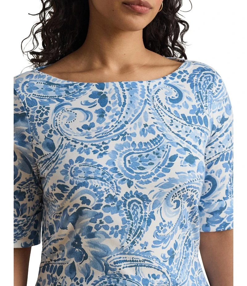 Lauren Ralph Lauren Plus Size Paisley Boat Neck Elbow Cuff Sleeve Tee