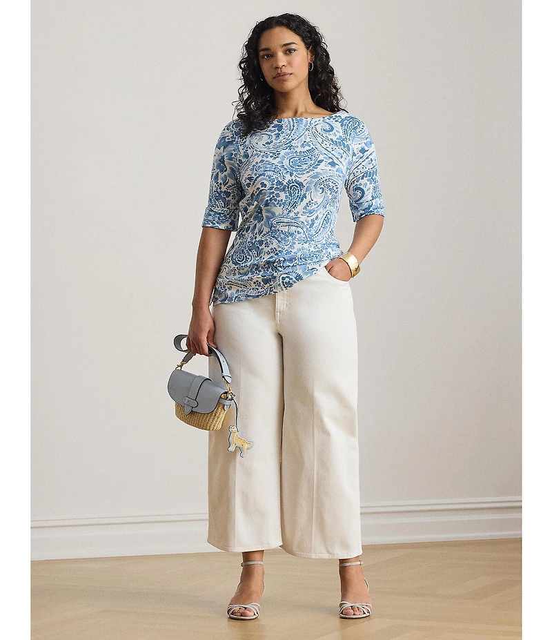 Lauren Ralph Lauren Plus Size Paisley Boat Neck Elbow Cuff Sleeve Tee
