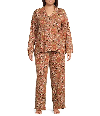 Lauren Ralph Lauren Plus Size Paisley Print Long Sleeve Notch Collar Knit Long Holiday Pajama Set