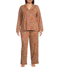 Lauren Ralph Lauren Plus Size Paisley Print Long Sleeve Notch Collar Knit Long Holiday Pajama Set