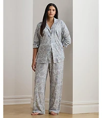 Lauren Ralph Lauren Plus Size Paisley Print Long Sleeve Notch Collar Knit Pajama Set