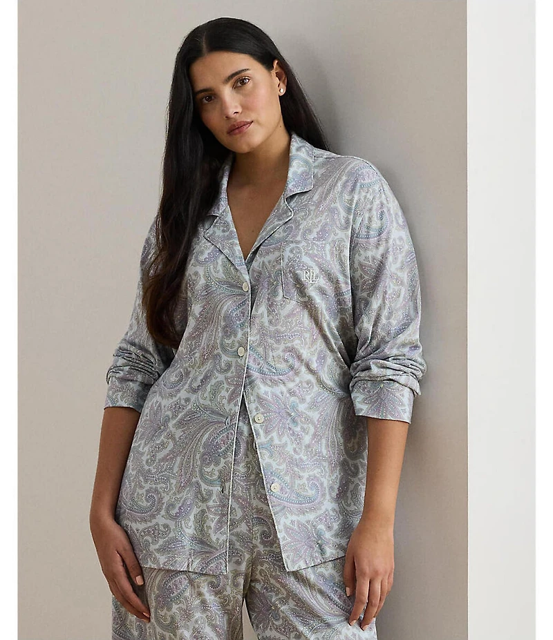Lauren Ralph Lauren Plus Size Paisley Print Long Sleeve Notch Collar Knit Pajama Set