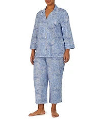 Lauren Ralph Lauren Plus Size Paisley Print Notch Collar 3/4 Sleeve Button Front Capri Pajama Set