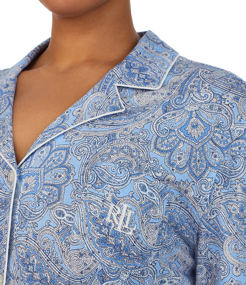 Lauren Ralph Lauren Plus Size Paisley Print Notch Collar 3/4 Sleeve Button Front Capri Pajama Set