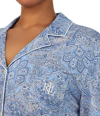 Lauren Ralph Lauren Plus Size Paisley Print Notch Collar 3/4 Sleeve Button Front Capri Pajama Set