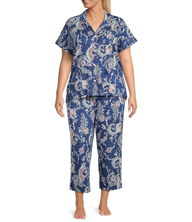 Lauren Ralph Lauren Plus Size Paisley Print Short Sleeve Notch Collar Knit Cropped Pajama Set