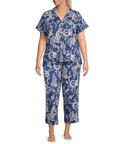 Lauren Ralph Lauren Plus Size Paisley Print Short Sleeve Notch Collar Knit Cropped Pajama Set