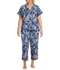 Lauren Ralph Lauren Plus Size Paisley Print Short Sleeve Notch Collar Knit Cropped Pajama Set