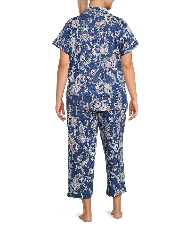 Lauren Ralph Lauren Plus Size Paisley Print Short Sleeve Notch Collar Knit Cropped Pajama Set
