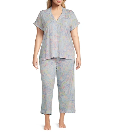 Lauren Ralph Lauren Plus Size Paisley Print Short Sleeve Notch Collar Knit Cropped Pajama Set