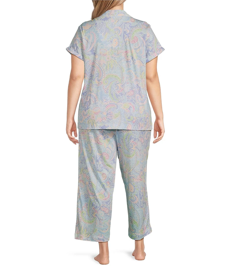 Lauren Ralph Lauren Plus Size Paisley Print Short Sleeve Notch Collar Knit Cropped Pajama Set