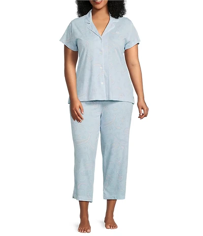 Lauren Ralph Lauren Plus Size Paisley Print Short Sleeve Notch Collar Knit Cropped Pajama Set