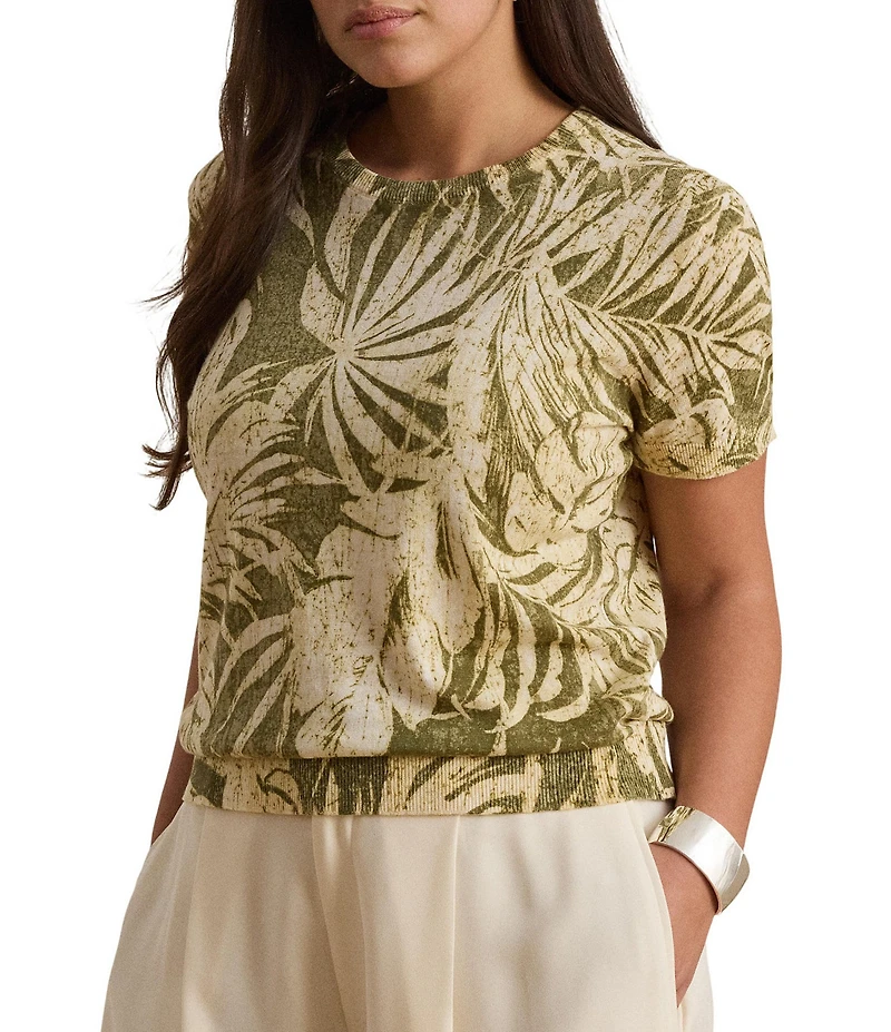 Lauren Ralph Lauren Plus Size Palm Frond Print Round Neck Short Sleeve Sweater
