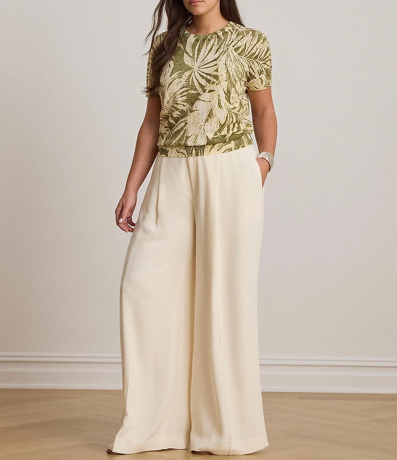 Lauren Ralph Lauren Plus Size Palm Frond Print Round Neck Short Sleeve Sweater
