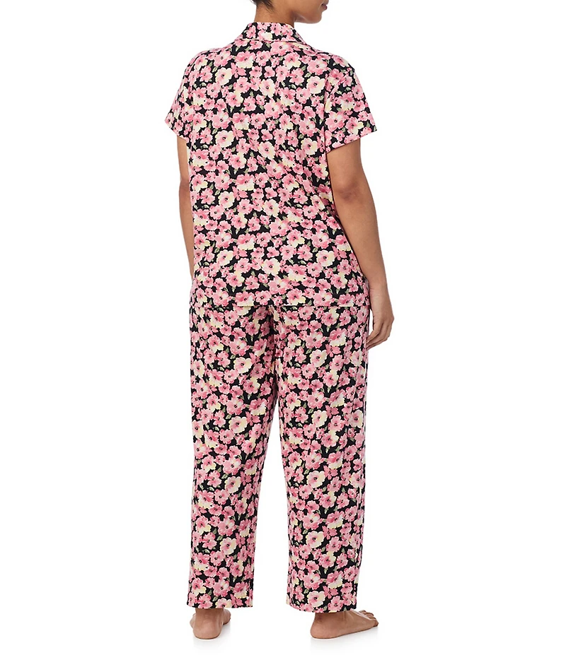 Lauren Ralph Lauren Plus Size Pink Bouquet Print Short Sleeve Notch Collar Knit Pajama Set