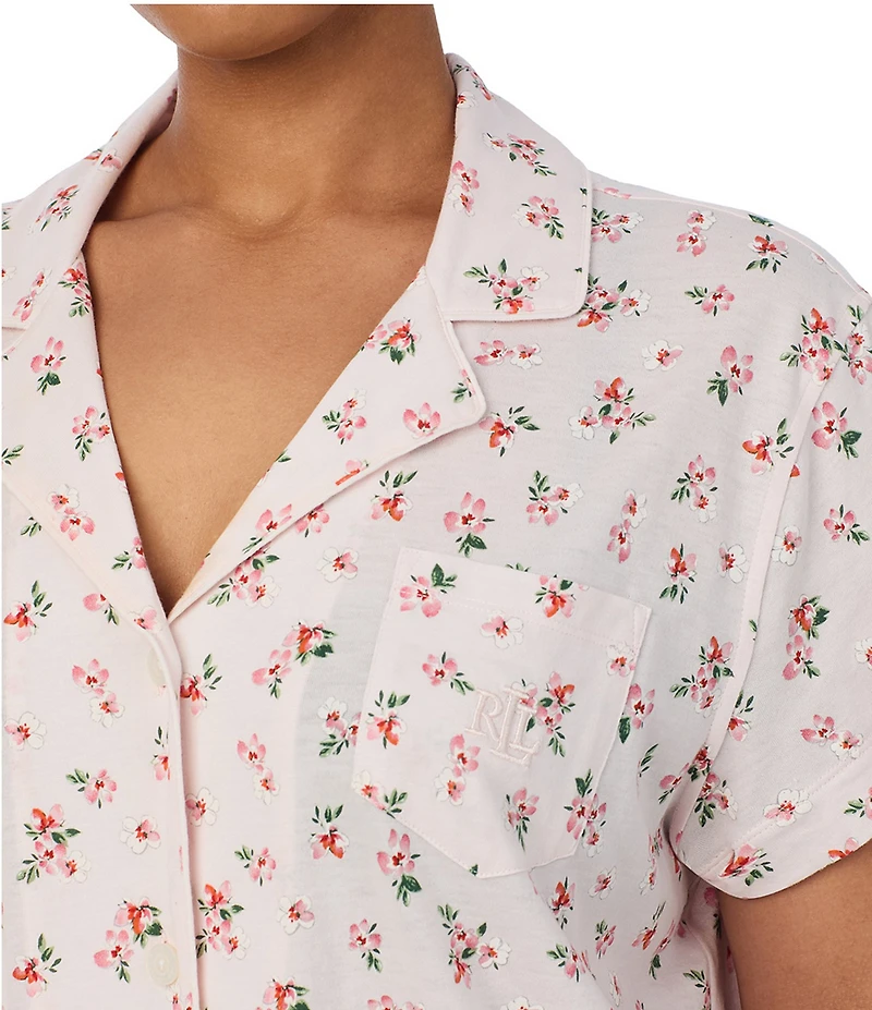 Lauren Ralph Lauren Plus Size Pink Bouquet Print Short Sleeve Notch Collar Knit Pajama Set