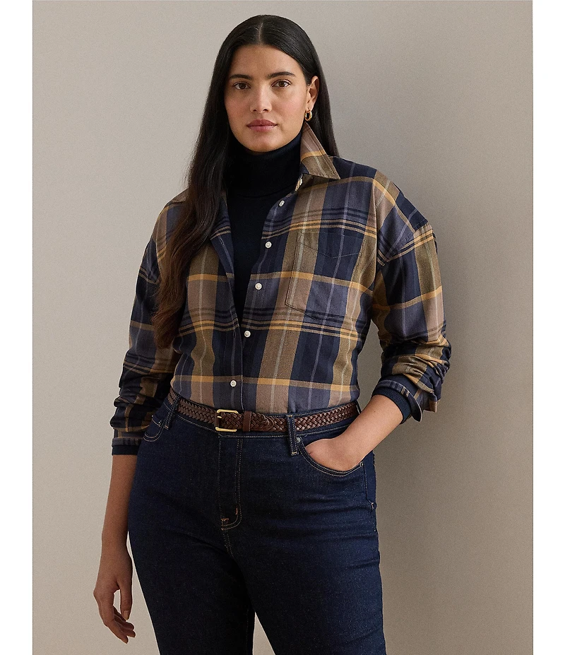 Lauren Ralph Lauren Plus Size Plaid Cotton Twill Woven Relaxed Fit Shirt