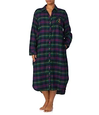 Lauren Ralph Lauren Plus Size Plaid Long Sleeve Notch Collar Button-Front Brushed Twill Holiday Sleepshirt