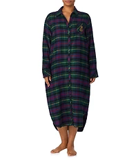 Lauren Ralph Lauren Plus Size Plaid Long Sleeve Notch Collar Button-Front Brushed Twill Holiday Sleepshirt