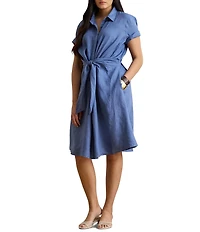 Lauren Ralph Lauren Plus Size Point Collar Elbow Sleeve Tie Front Shirt Dress