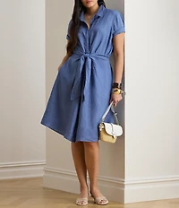 Lauren Ralph Lauren Plus Size Point Collar Elbow Sleeve Tie Front Shirt Dress