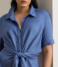 Lauren Ralph Lauren Plus Size Point Collar Elbow Sleeve Tie Front Shirt Dress