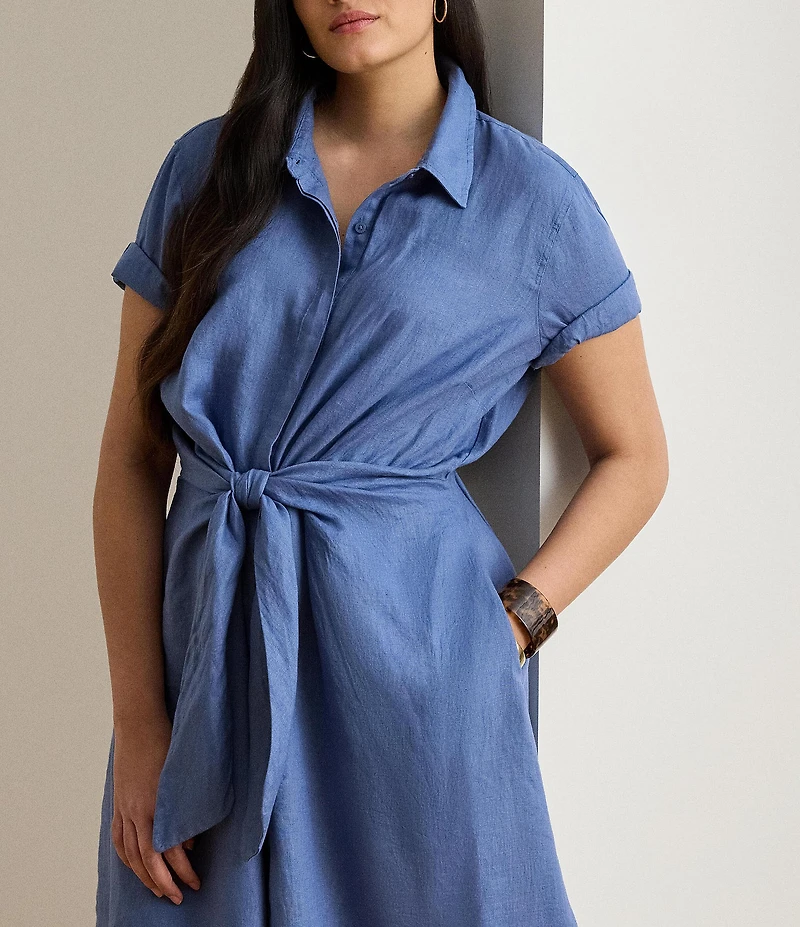 Lauren Ralph Lauren Plus Size Point Collar Elbow Sleeve Tie Front Shirt Dress